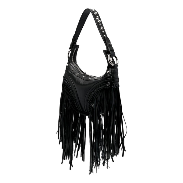 Versace Repeat Fringe La Medusa Mini Hobo Shoulder Bag Black Leather