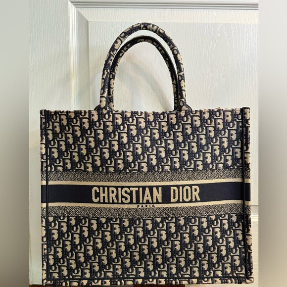 Dior Ecru and Navy Blue Oblique Embroidered Canvas Large Book Tote