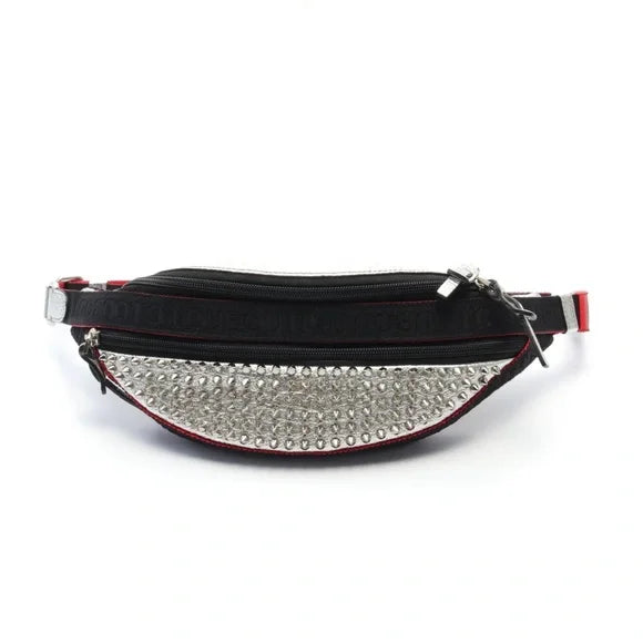 Christian Louboutin ROCKSTUD BODY BAG WAIST BAG LEATHER CANVAS SILVER BLACK LOGO