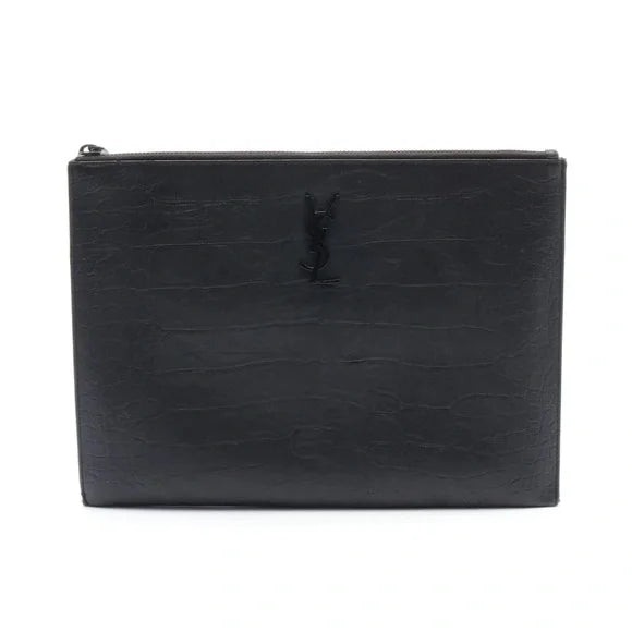 SAINT LAURENT PARIS MONOGRAM CLUTCH BAG LEATHER BLACK CROC EMBOSSED